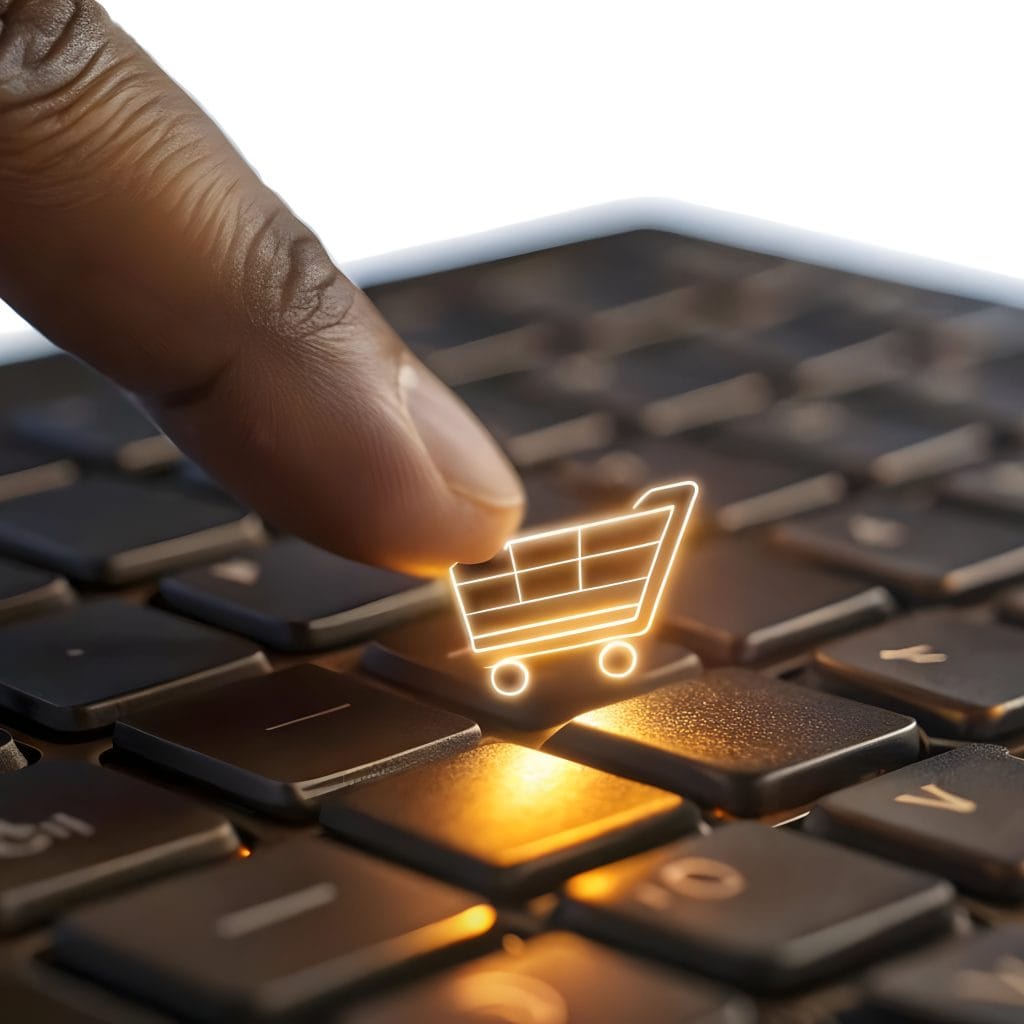 3D Closeup Macro Shot Hand Entering Shipping Details Glowing Keyboard Cyber Monday Purcha